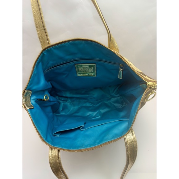 COACH Poppy Op Art Glam Gold Khaki Tote Bag Blue Teal Liner Signature C - Picture 10 of 12
